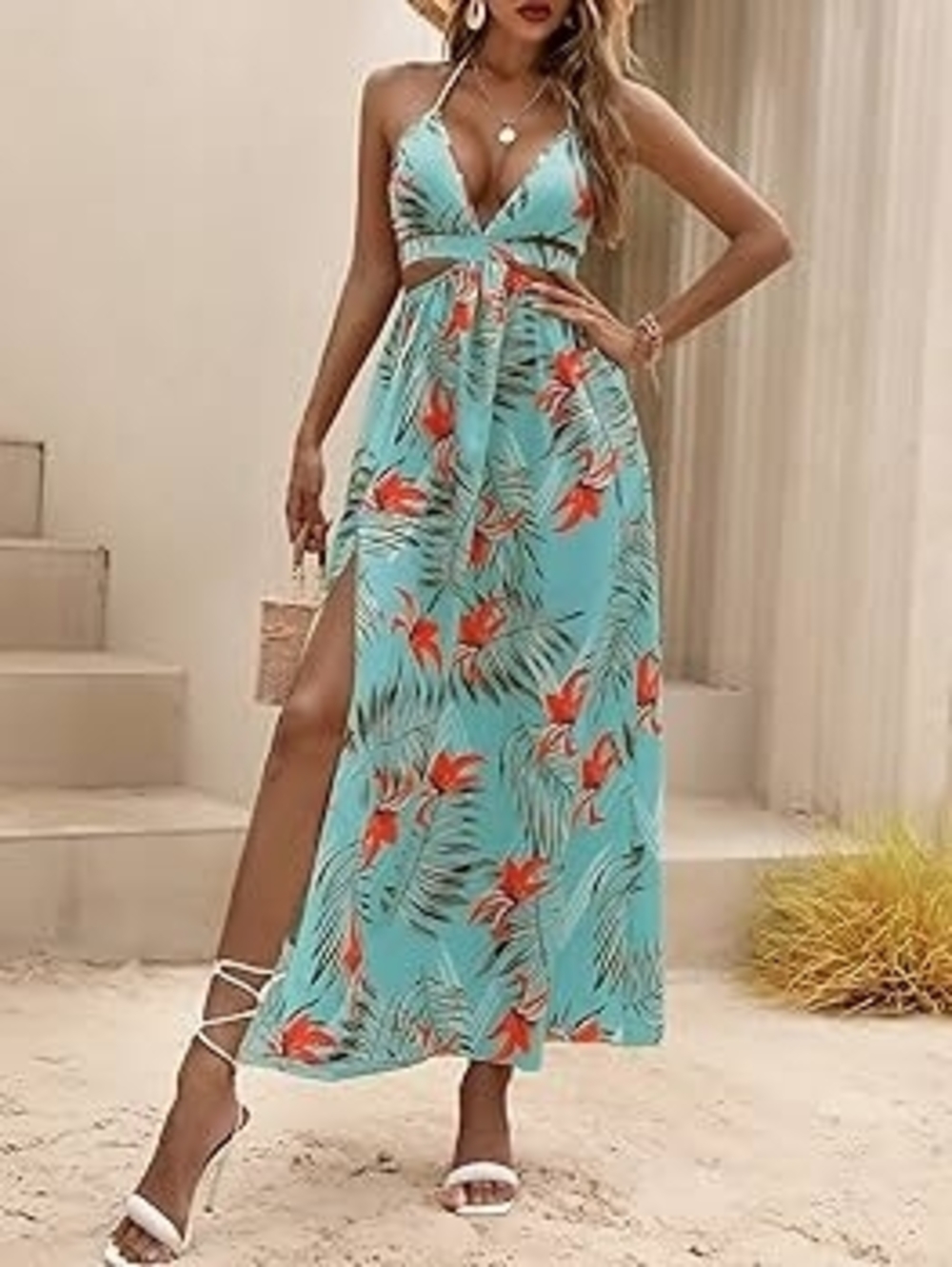 SHEIN Aqua Tropical Halter Cutout Maxi Dress with Coral Floral